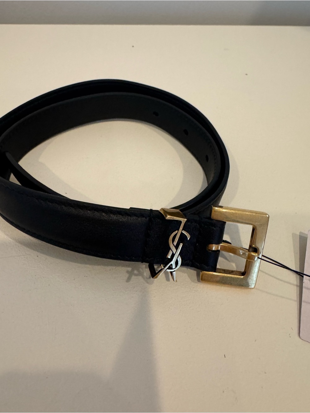 Yves Saint Laurent Black Leather Womens Belt with Gold Buckle